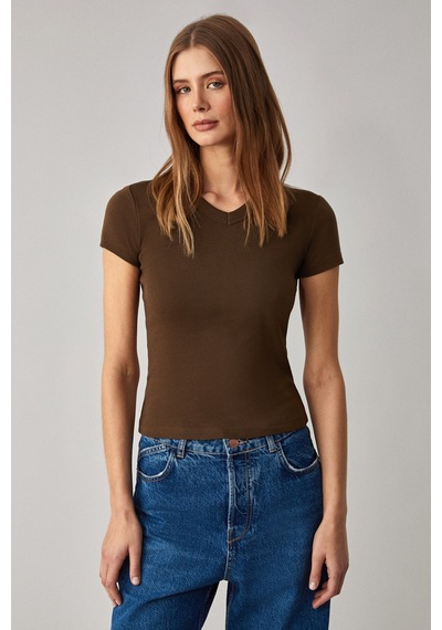 Ethıquet Masroutı Kadın Slim Fit V Yaka Kısa Kol Kahverengi T-shirt