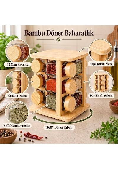 Bambu Döner Standlı 12 Li Cam Baharatlık Seti, Bambu Kapaklı 12 Kavanoz, Üç Katlı Dört Taraflı Baharat Standı, Şeffaf Tezgah Üstü Mutfak Düzenleyici Çok Renkli