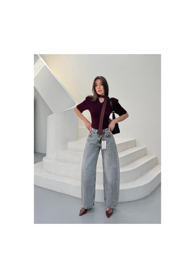 Meecy Yüksek Bel Wide Leg Salaş Jean Pantolon - Gri Gri