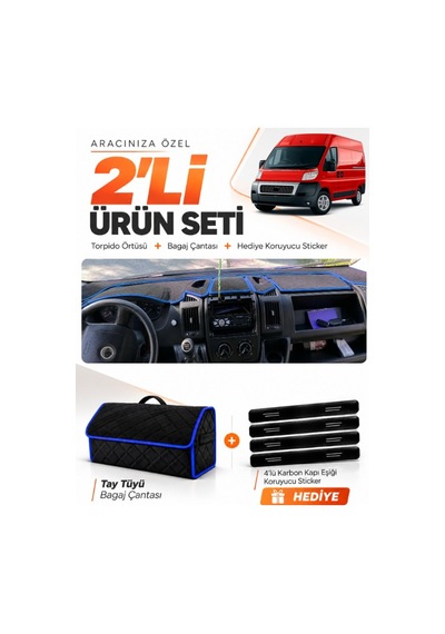 E-biz Fıat Ducato 2006-2014 X250 Uyumlu Torpido Örtüsü + Tay Tüyü Çanta - Siyah-mavi - Fı010