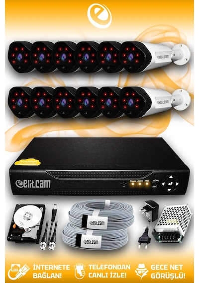 Elitcam 12 Kameralı Uzay 12 Dış Kamera Set 2 TB HDD Full HD Gece Görüşlü Güvenlik Kamerası Sistemi