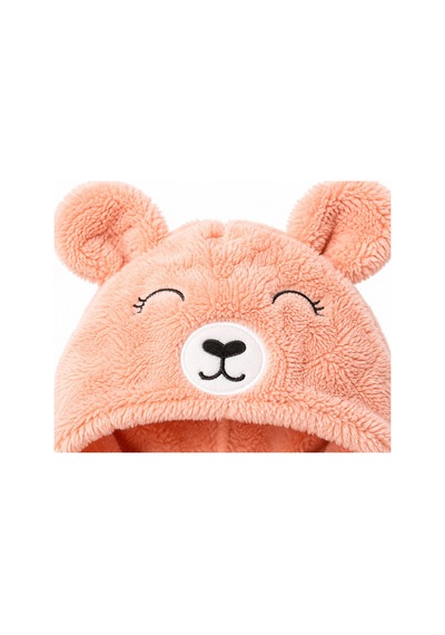 Kız Erkek Bebek Welsoft Peluş Tulum Kapüşonlu Fermuarlı Kışlık Bebek Tulumu Ayıcık Desenli Yumuşak Polar Tulum Somon