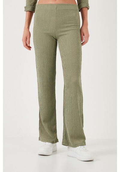 Lela Slim Fit Yüksek Bel Geniş Paça Dokulu Bayan Pantolon 5865944 Olive