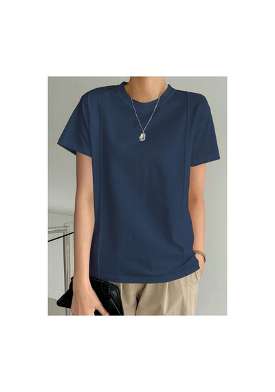Cool Tarz Kadın Basic Ön Çizgi Detaylı Bisiklet Yaka Tişört Rahat Kalıp Günlük T-shirt Lacivert Lacivert