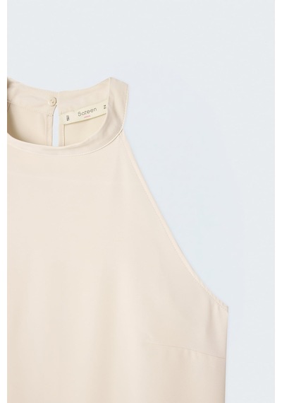Sateen Halter Yaka Bluz - Bej-137736