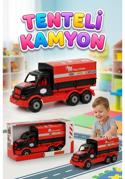 Açılabilir Tenteli Kasalı Büyük Boy 44cm Tekerlekli Ralli Tasarımlı Oyuncak Dev Taşıyıcı Kamyon