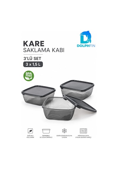 3 Lü Kare Saklama Kabı Seti 3x1,5 Litre Füme Şeffaf Siyah Kapaklı Bpa İçermez