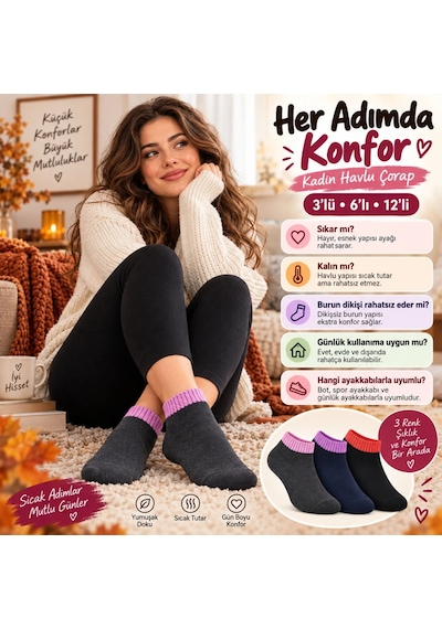 Çorap Giyim Kadın Havlu 6'lı Çorap Kısa Konç Dikişsiz Burun Sıcak Tutan Yumuşak Kışlık Çorap Seti Çok Renkli