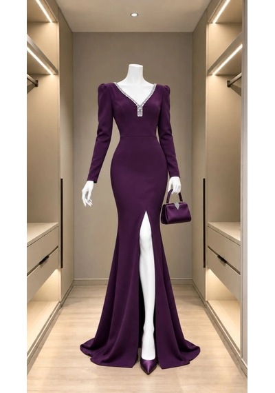 Defymoda Kadın V Yaka Kristal Taş İşlemeli Vatkalı/büzgülü Omuz Yırtmaçlı Balık Abiye Elbise Mor Defymoda Kadın V Yaka Kristal Taş İşlemeli Vatkalı/büzgülü Omuz Yırtmaçlı Balık Abiye Elbise Mor