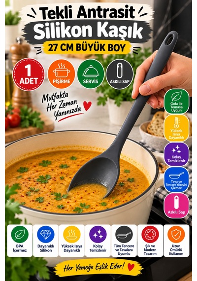 Tekli Antrasit Büyük Boy Silikon Kaşık 27 Cm Mutfak Yemek Pişirme Ve Servis Kaşığı Mutfak Yardımcısı