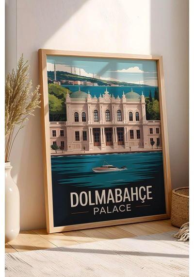 İstanbul Dolmabahçe Sarayı Tablo - Retro Travel Poster - Şehir Duvar Dekoru - Çerçeveli Poster Kayın