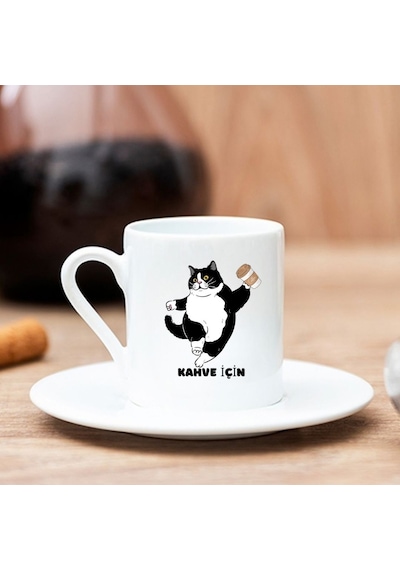 Smokin Kedi Tasarımlı "kahve İçin Bir Mola Ver" Fincan Seti Beyaz