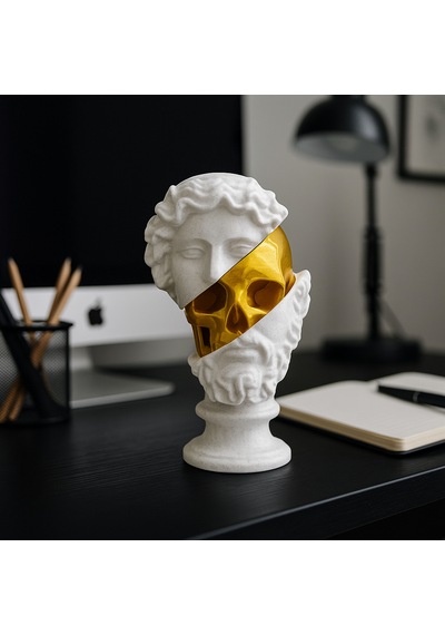 Kafatası Detaylı Büst Heykel Beyaz Gold 25 Cm Masa Salon Aksesuarı -