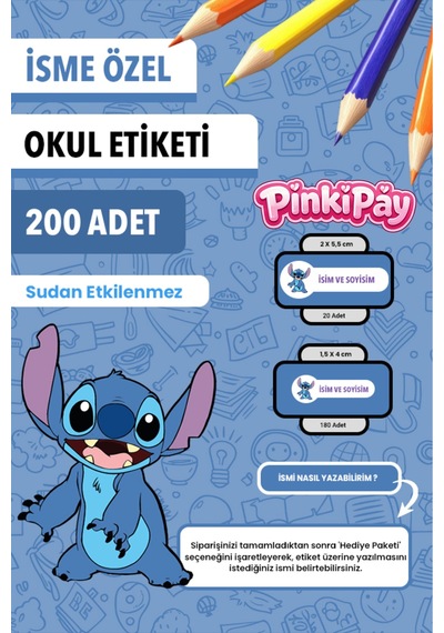İsim Yazılabilir Stitch Temalı Kişiye Özel Okul Etiketi Kalem & Defter İçin 200 Adet Çoklu