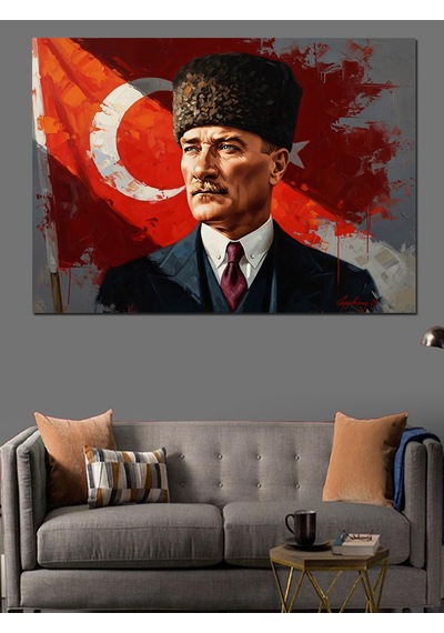 Bayrak Önünde Atatürk Portre Sanatı Dekoratif Kanvas - Mdf Ahşap Tablo
