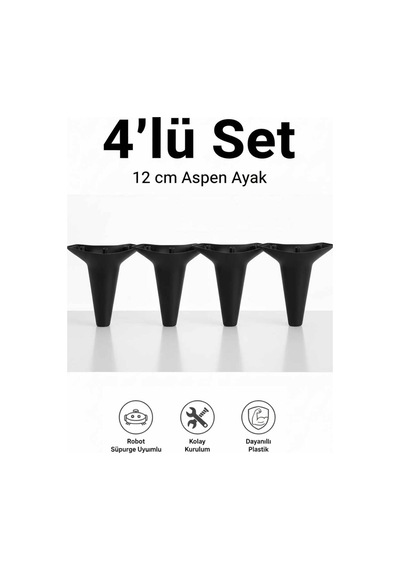 Aspen 12 Cm Siyah 4'lü Set Koltuk Baza Dolap Tv Ünitesi Yatak Odası Konsol Ayağı Siyah