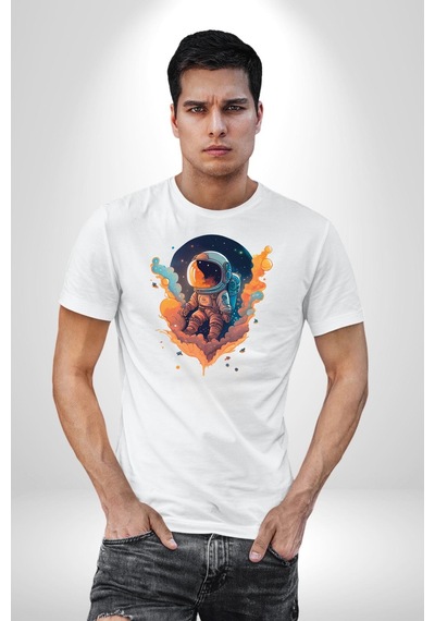Bulutlar Astronot Uzay Unisex Unisex Beyaz Organik Baskılı T-shirt Penye Yüksek Kalite Beyaz