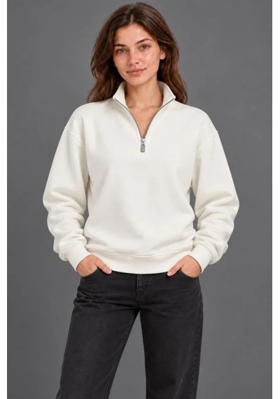 Üç İplik İçi Şardonlu Dik Yaka Yarım Fermuarlı Kışlık Sweatshirt - Beyaz