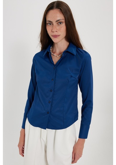 Tudors Kadın Slim Fit Dar Kesim Pensli Vücuda Oturan Klasik Yaka Uzun Kollu Likralı Lacivert Gömlek-40362