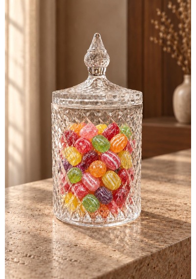 Cam Şekerlik Kapaklı Baklava Desenli Bayram Şekerliği Lokumluk Çikolatalık 19 Cm Şeffaf