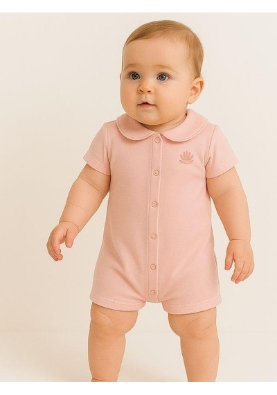 Zekids Kız Bebek Bebe Yakalı Organik Pamuklu Kısa Kol Şort Tulum-15918 Pembe