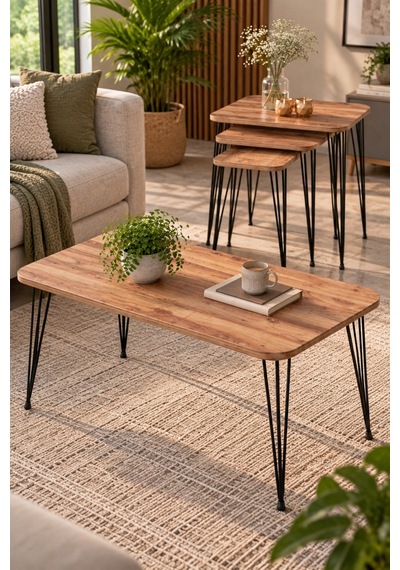 Sulorahome Ceviz Desenli Siyah Tel Ayaklı 4'lü Sehpa Seti Ceviz - Siyah