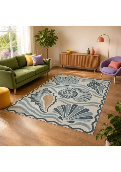 Kartela Halı Deniz Kabuğu Desenli Halı Mavi Kaymaz Taban Makinede Yıkanabilir 100x150 Cm