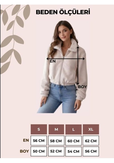Smalltouch Kadın İç Astarlı Fermuarlı Çift Cepli Crop Bej Peluş Mont Taş