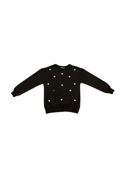 Kız Çocuk Pamuklu İnci İşlemeli İnce Sweatshirt-15007 Siyah