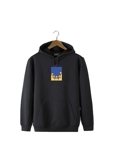 Unisex Siyah Kapüşonlu Önü Ördek Baskılı Slim Fit Kanguru Cepli Sweatshirt Siyah