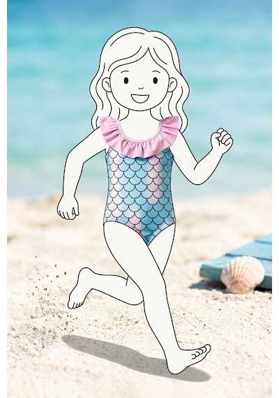 Zuzunga Kız Çocuk Mermaid Desenli Fırfırlı Mayo Mavi-pembe