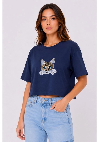 Wear Vexel Kadın Kedi Baskılı Oversize Crop Tişört Salaş Basic Yarım Kol T-shirt - Lacivert Çok Renkli Wear Vexel Kadın Kedi Baskılı Oversize Crop Tişört Salaş Basic Yarım Kol T-shirt - Lacivert Çok Renkli