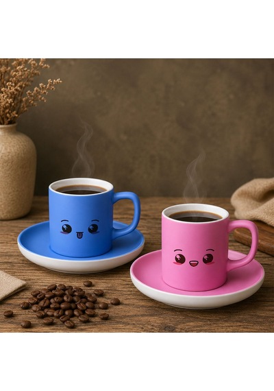 Bk Gift 2'li Mavi Ve Pembe Renkli Emoji Yüz Tasarımlı Seramik Türk Kahvesi Fincanı Takımı-5 Çok Renkli