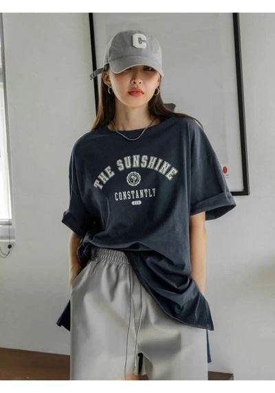 Flood Of Style Kadın Lacivert Beyaz The Sunshine Baskılı Oversize Bisiklet Yaka Tshirt