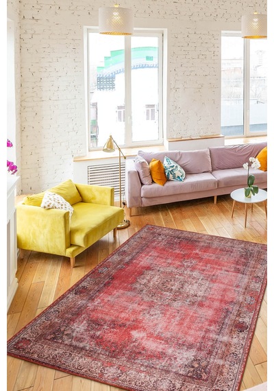 Artloop Blues Şönil Vintage Desenli Dokuma Taban Dekoratif Kırmızı Salon, Mutfak Halısı Al 119