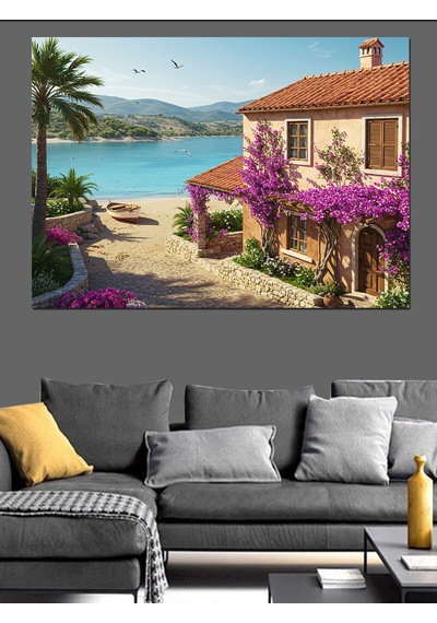 Mor Çiçekli Akdeniz Evi Dekoratif Kanvas - Mdf Ahşap Tablo