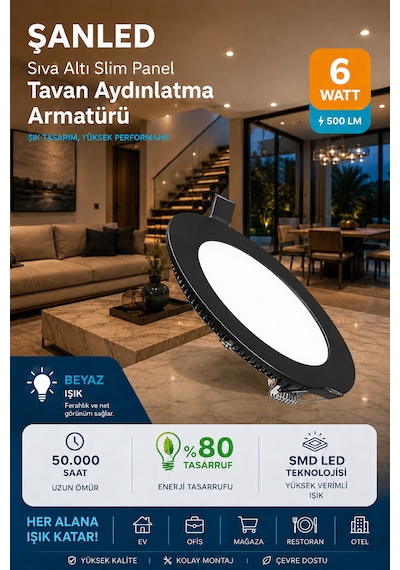 6w Tasarruflu Led Yuvarlak Siyah Kasa Beyaz Işık Sıva Altı Panel Aydınlatma Armatürü 2 Adettir