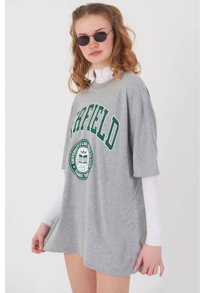 Blackjack Giyim Blackjackgiyim Kadın Erfield Baskılı Tshirt Gri