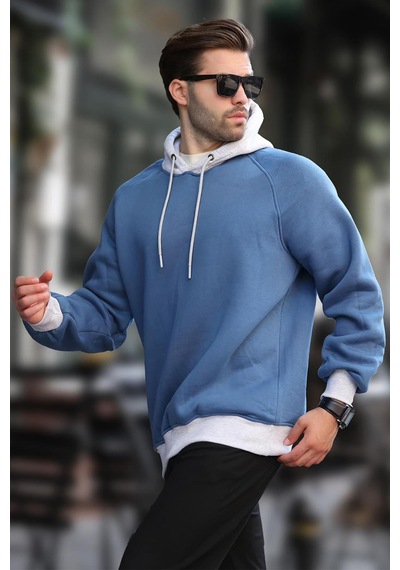 Madmext İndigo Renk Bloklu Kapüşonlu Sweatshirt 7073 Mavi