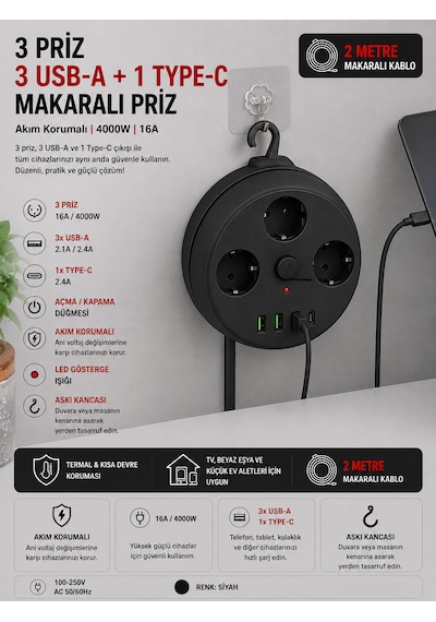 Akım Korumalı Makaralı Priz 3 Priz 3 Usb-a 1 Type-c 2 Metre Kablo 4000w 16a Açma Kapama Düğmeli Siyah 1 - 3 M