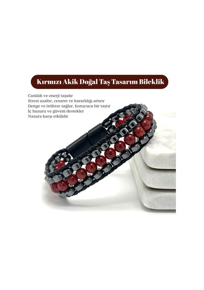Sertifikalı Kırmızı Akik Taşı Erkek Bileklik Çelik Kilitli, Doğal Taş Tasarım, Şık Ve Özgün Kırmızı