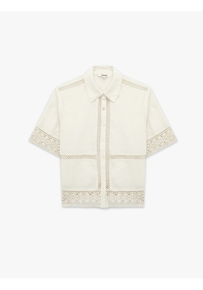 Koton Pamuklu Floral Dokulu Dantel Kroşe Detaylı Kısa Kollu Crop Gömlek Ekru 6sak60237uw