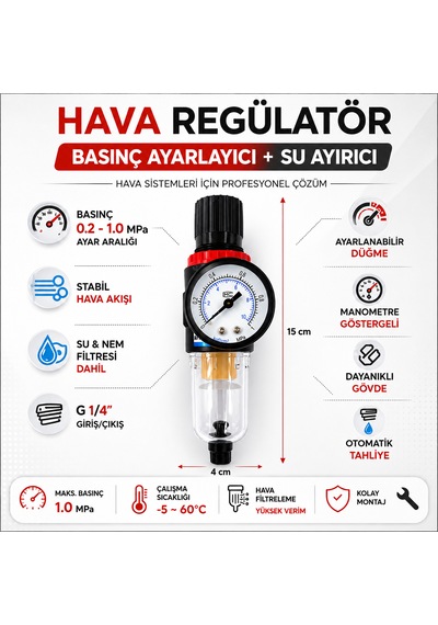 Afr2000 Kompresör Hava Filtre Regülatörü Su Ayırıcı Şartlandırıcı Basınç Ayarlayıcı Saatli Set