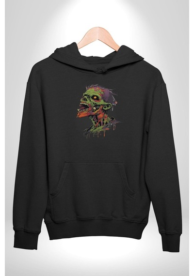 Zombi Kafası Kadın Erkek Siyah Kapüşonlu Sweatshirt Hoodie Siyah