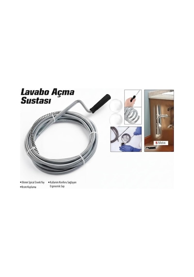 5 Metre Lavabo Açma Sustası Teli Spiral Yaylı Krom Kaplama Gider Açma Sustası Ergonomik Sap