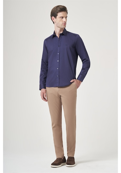 İmza Lacivert Sert Yaka Uzun Kol Cepsiz Saten Slim Fit %100 Pamuk Gömlek 1004260424