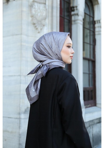 Eşarp - Premium Lux Original Monogram Eşarp İpek Vual, Yüksek Kalite, Hafif, Rahat, Şık, Scarf Gri Füme Şeritli