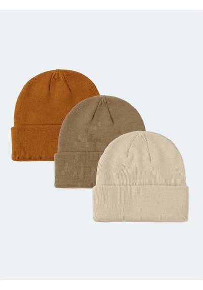 Eke Tekstil Unisex Katlamalı 3'lü Bere Seti Hardal - Taş - Vizon