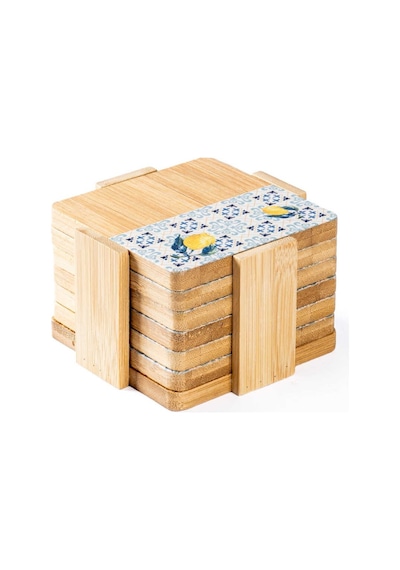 Tantitoni Bambu 6 Parça Standlı Desenli Bardak Altlığı Seti 11.5x11x5 Cm Ahşap