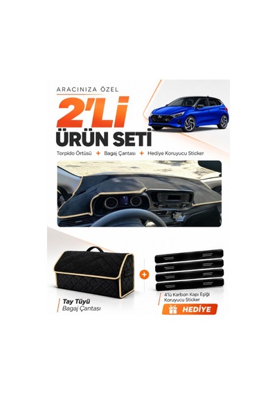 E-biz Hyundai İ20 2020-2024 Uyumlu Torpido Örtüsü + Tay Tüyü Bagaj Çantası - Siyah-bej - Hu003